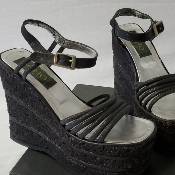 LN Vintage Black Cork w/ Glitter Piping Platforms - Picture 7 of 12